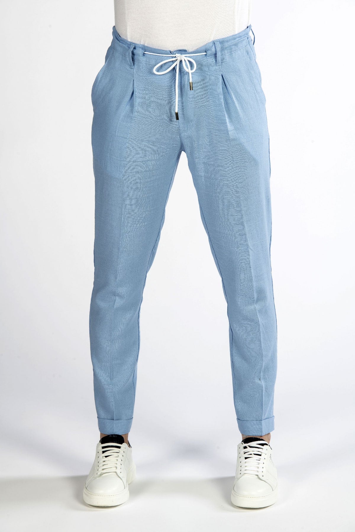 Pantaloni uomo in lino azzurro front