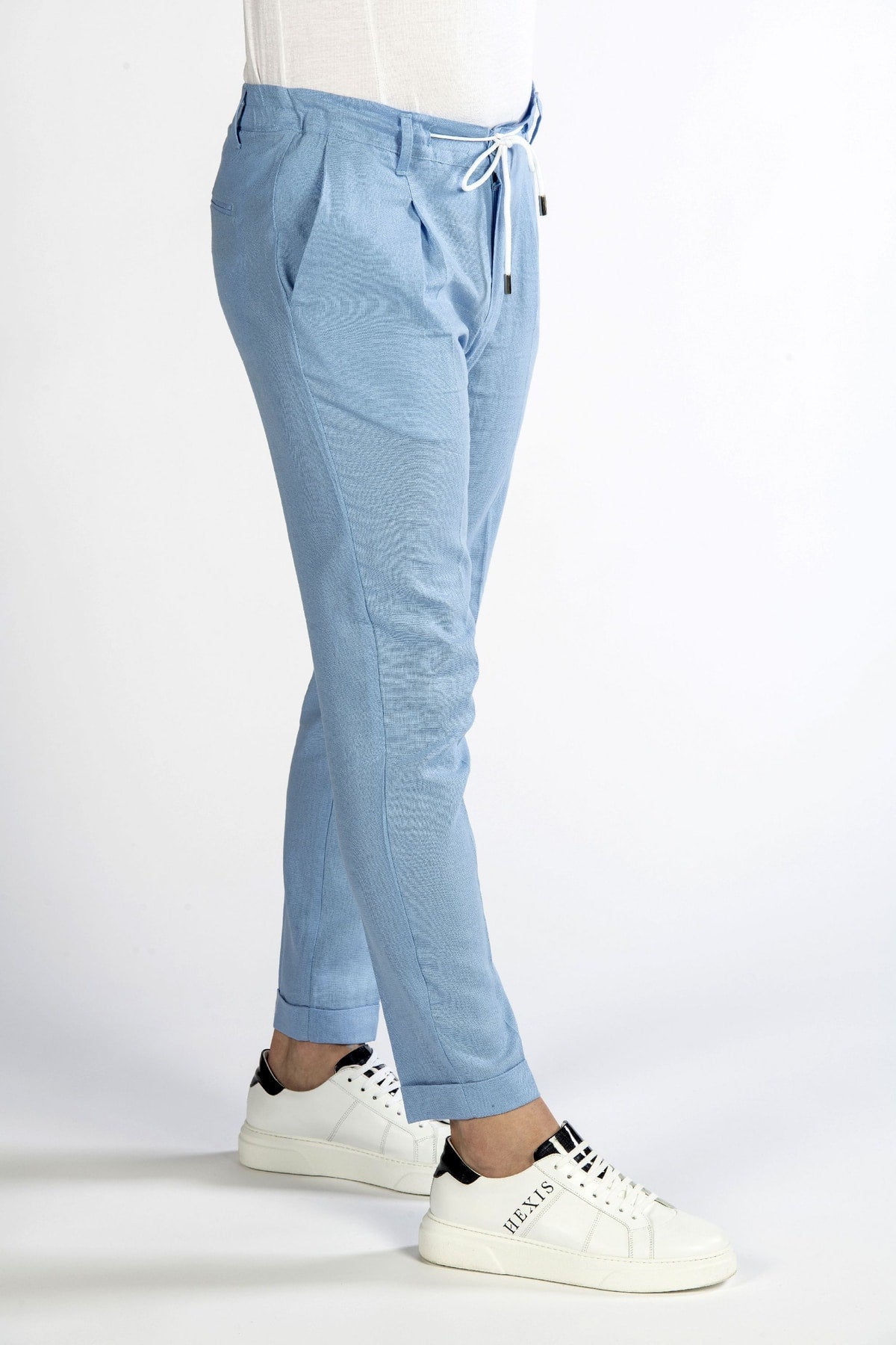 Pantaloni uomo in lino azzurro side