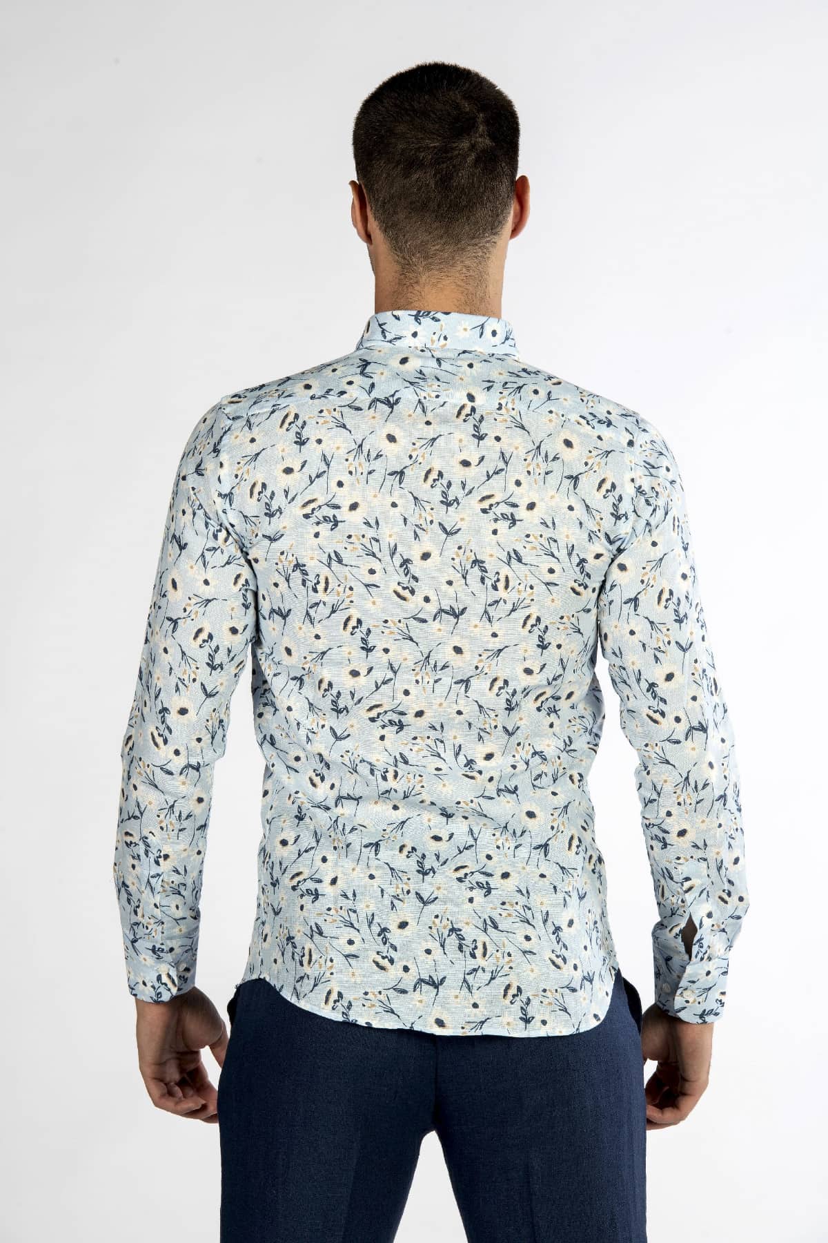 Camicia uomo in lino fantasia fiore azzurra back