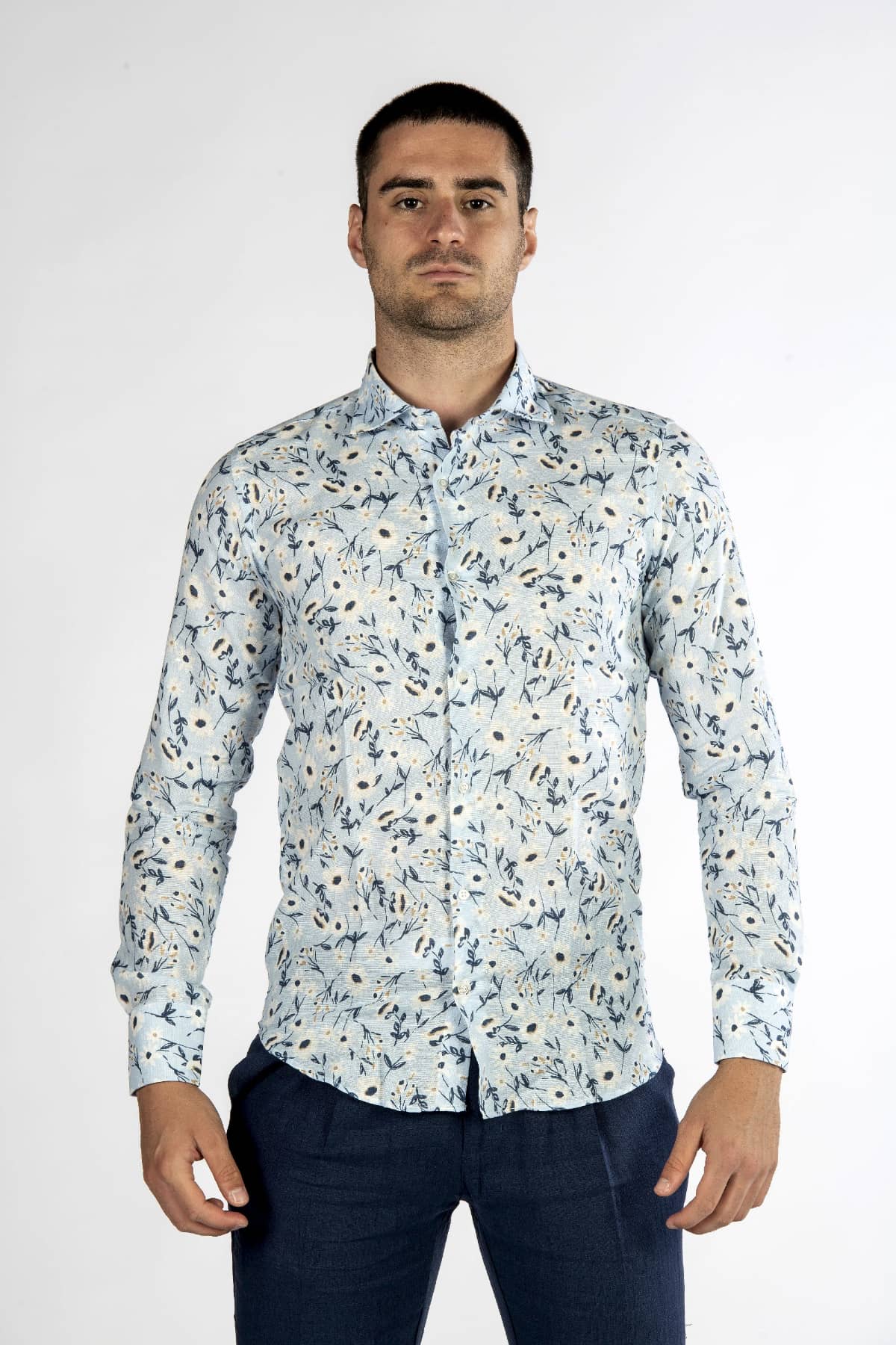Camicia uomo in lino fantasia fiore azzurra front