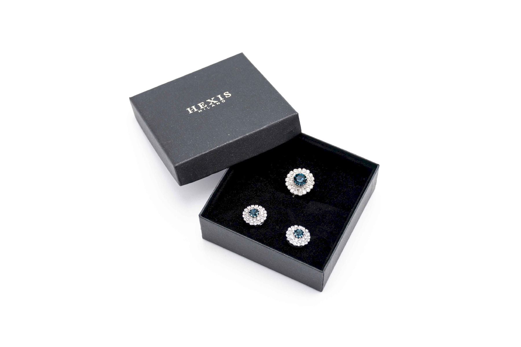 Gemelli con spilla abbinata in pietre swarovski e simil zaffiro confezione