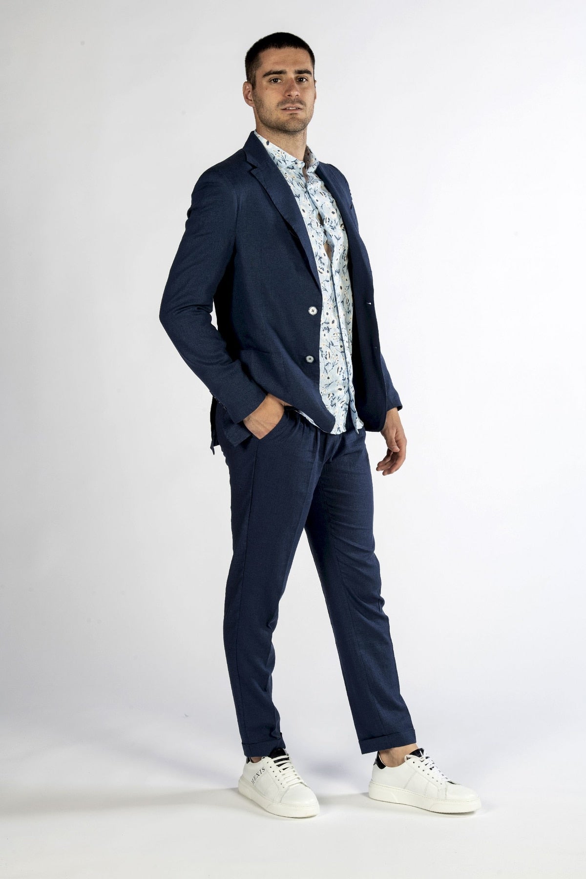 giacca uomo in lino blu side