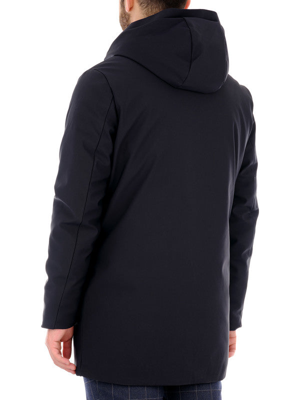 Giaccone impermeabile blu media lunghezza back