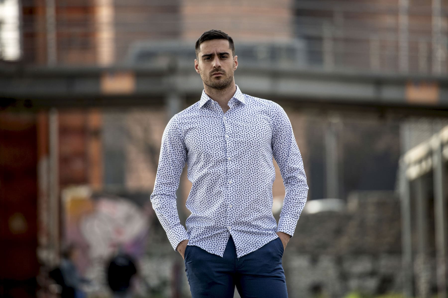 Camicia cotone uomo fantasia fiore blu