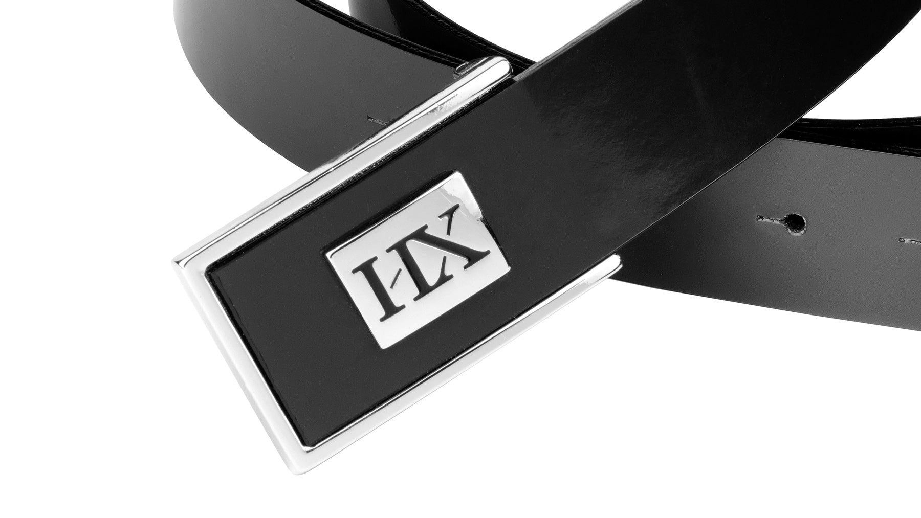 Belt with shiny black HEXIS brand buckle