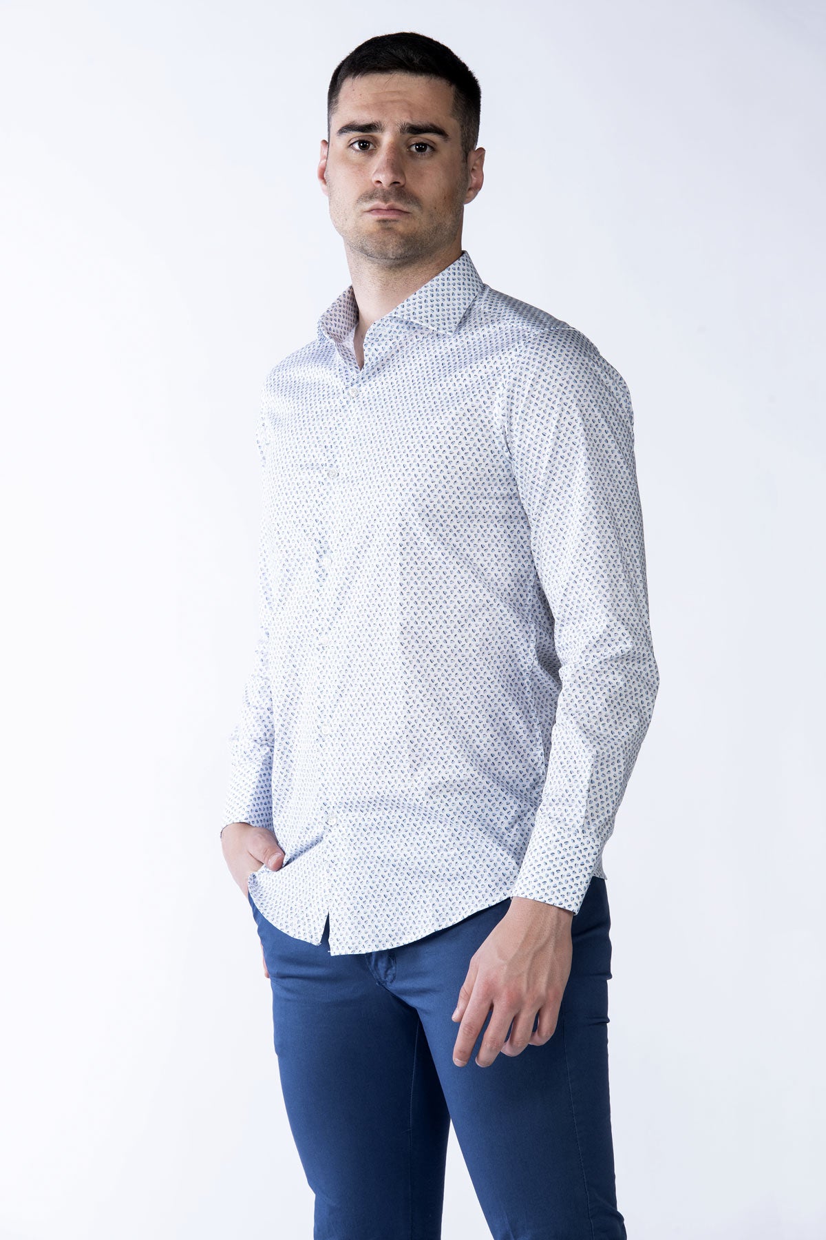 Camicia cotone uomo micro fantasia azzurra