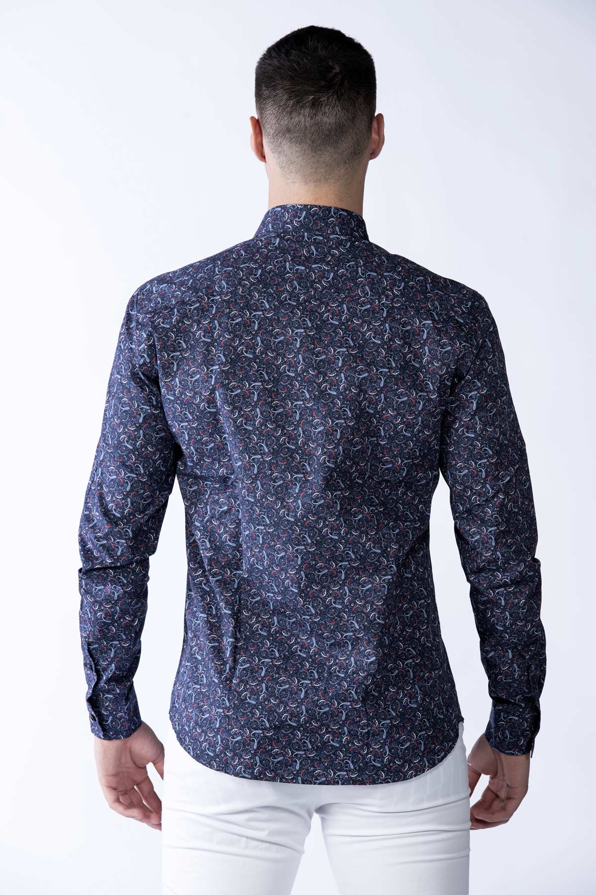 Camicia uomo casual in micro stampa fantasia cachemire blu back