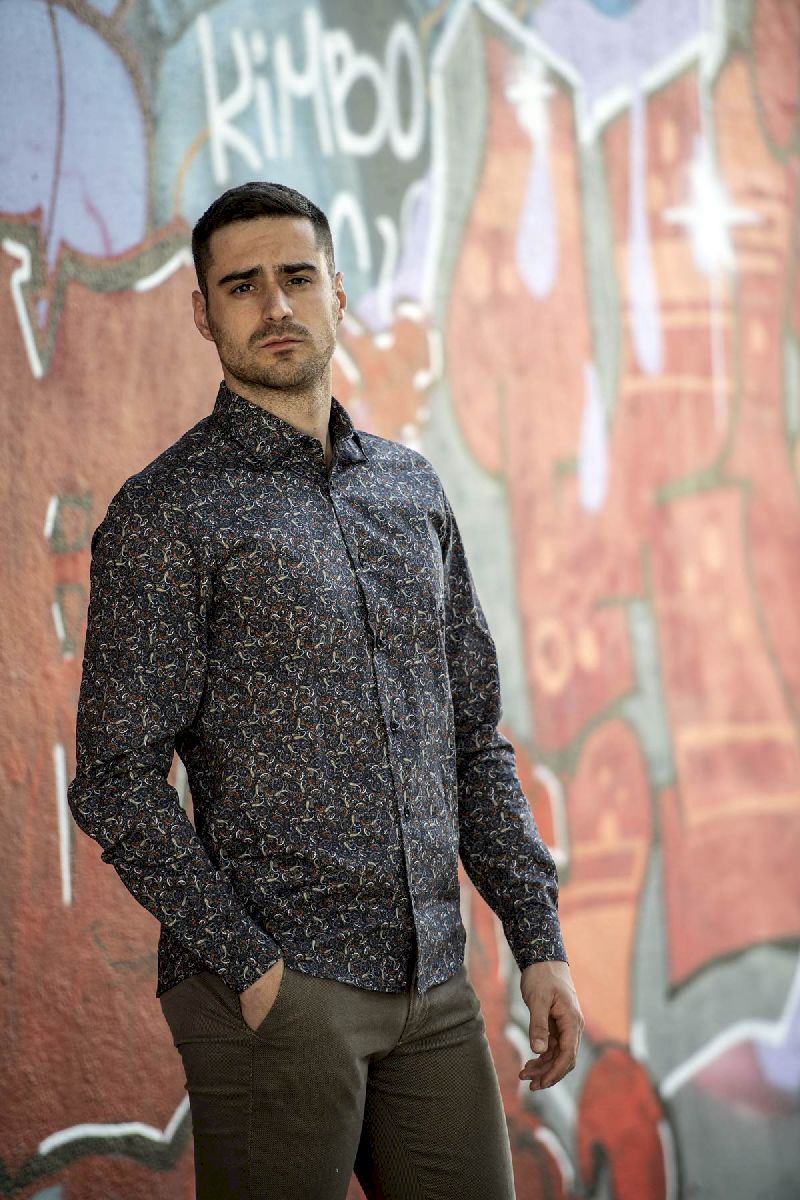 Camicia uomo casual in micro stampa fantasia cachemire grigio