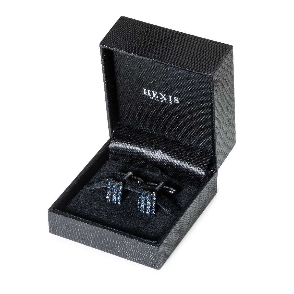 Gemelli per camicia uomo in nichel brunito con cristallo blu in scatola hexis