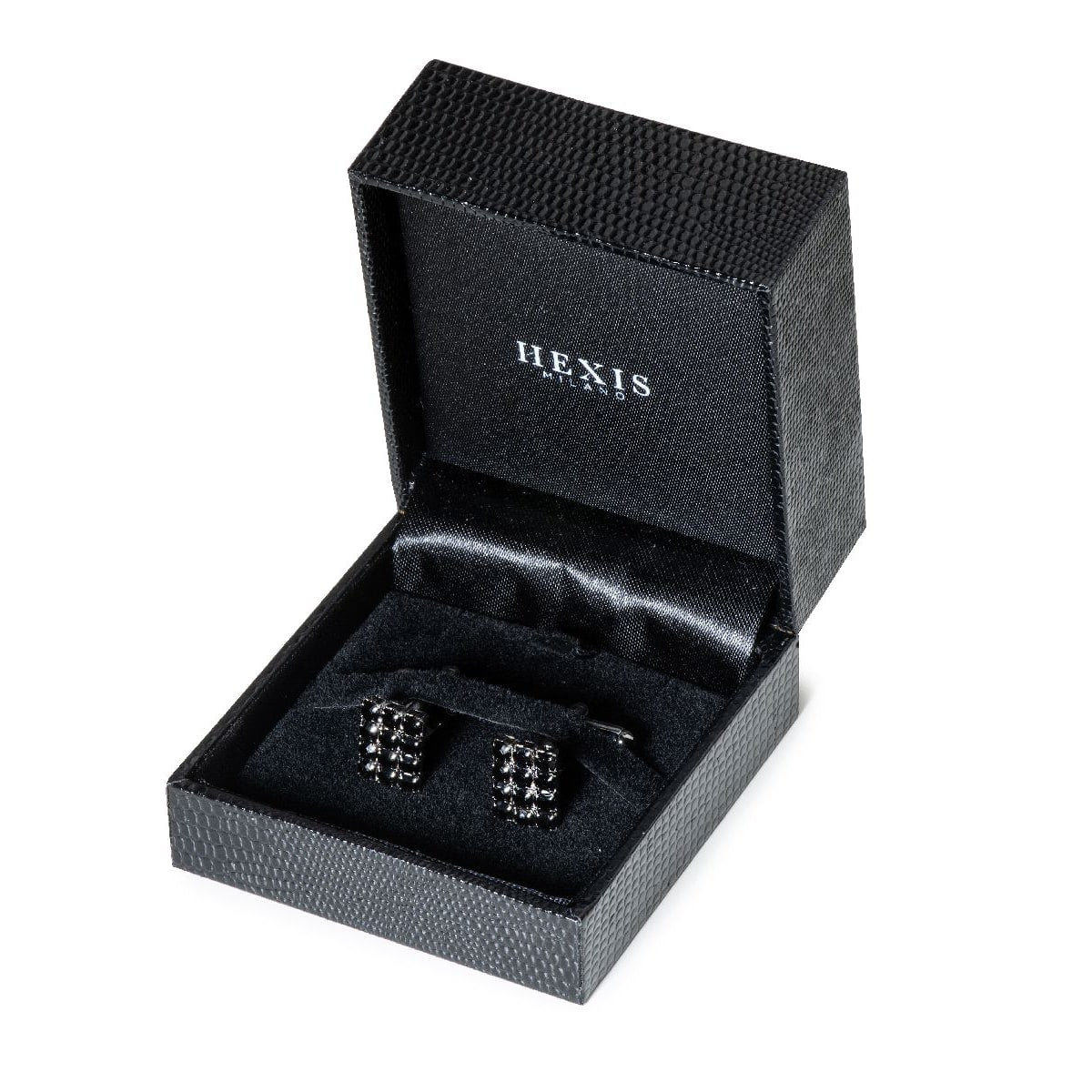 Gemelli per camicia uomo in nichel brunito con cristallo nero in scatola hexis