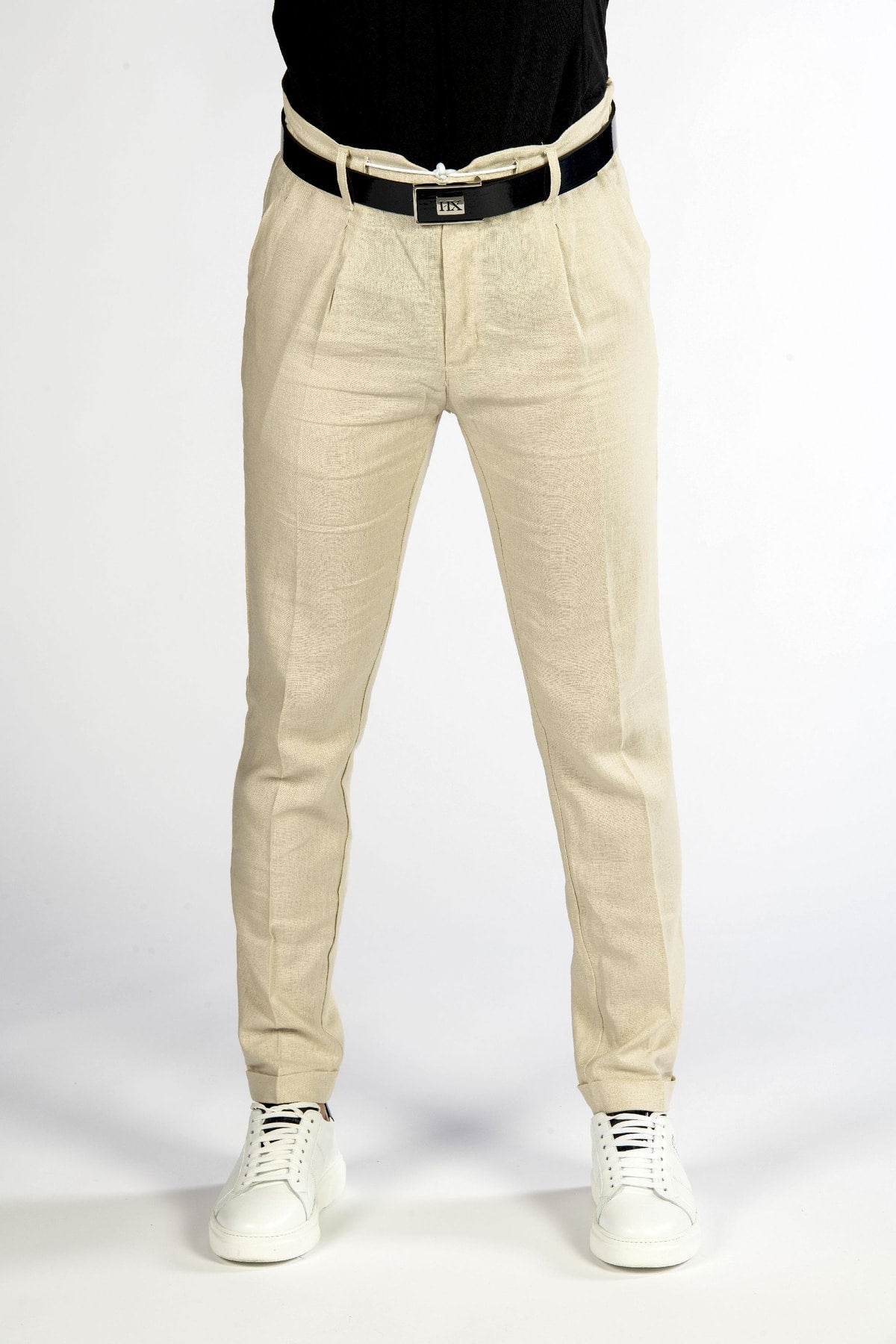 Pantaloni uomo in lino beige con cintura front