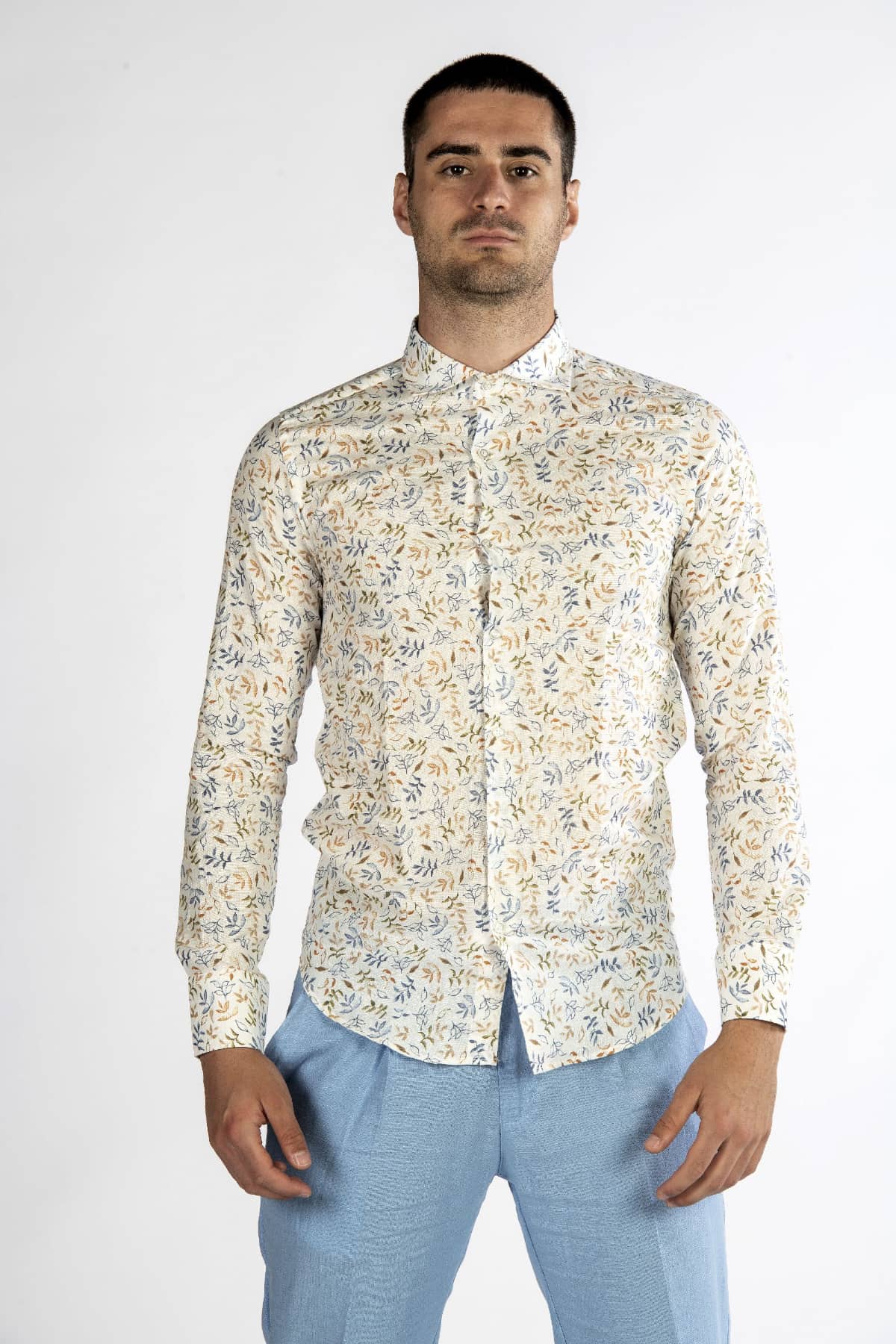 Camicia uomo fantasia in lino beige front