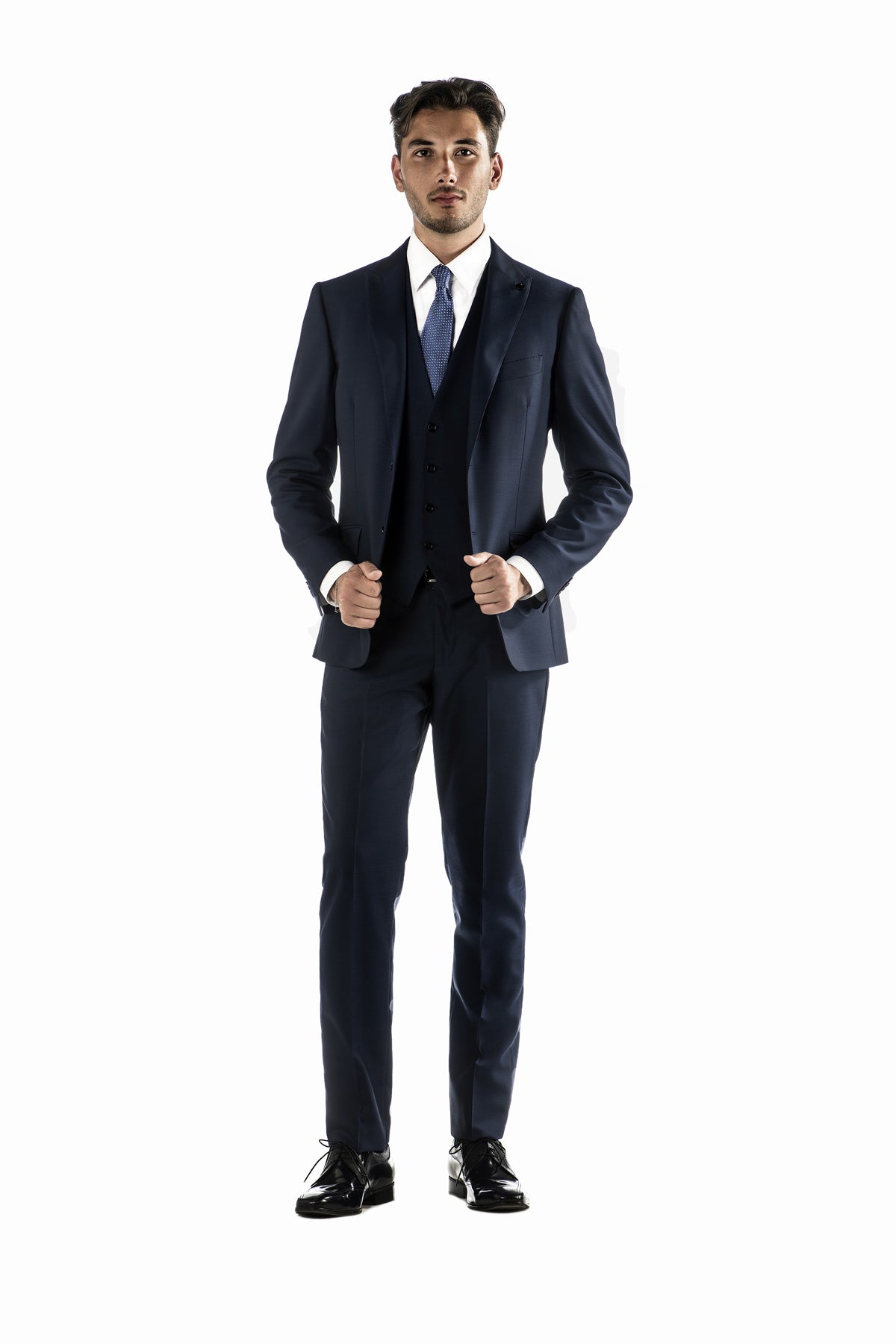 Anthracite Suit in Shiny Wool with Waistcoat 
