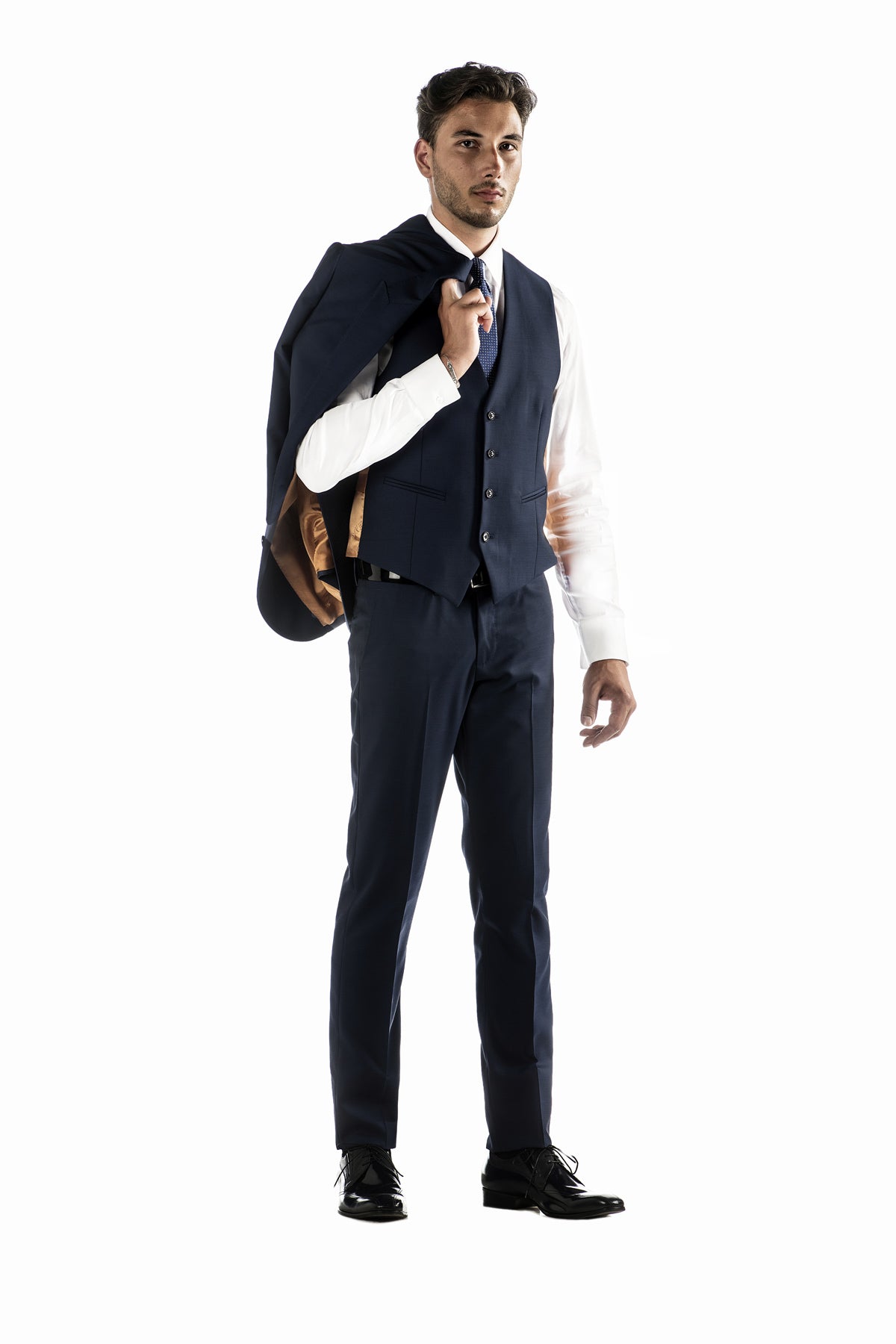 Anthracite Suit in Shiny Wool with Waistcoat 