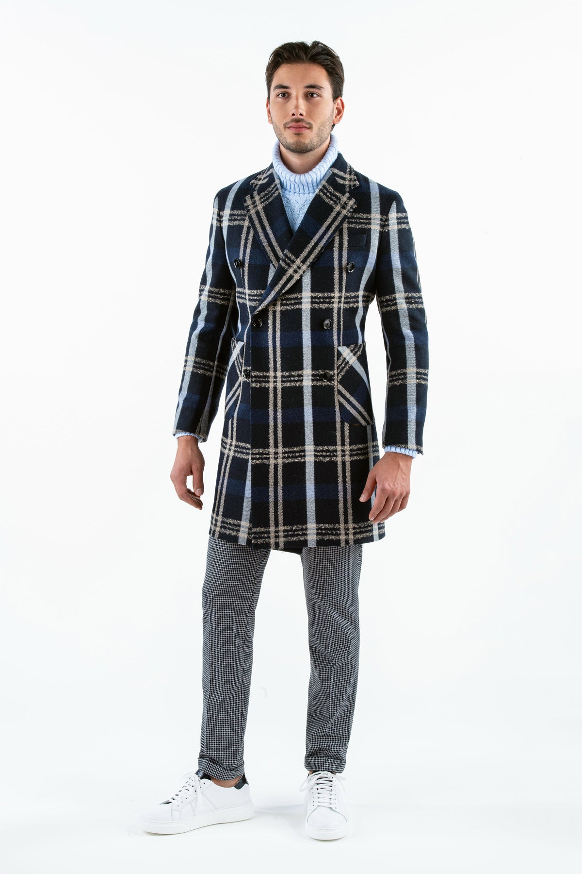 Dark Brown Checked Coat in Raw Wool 