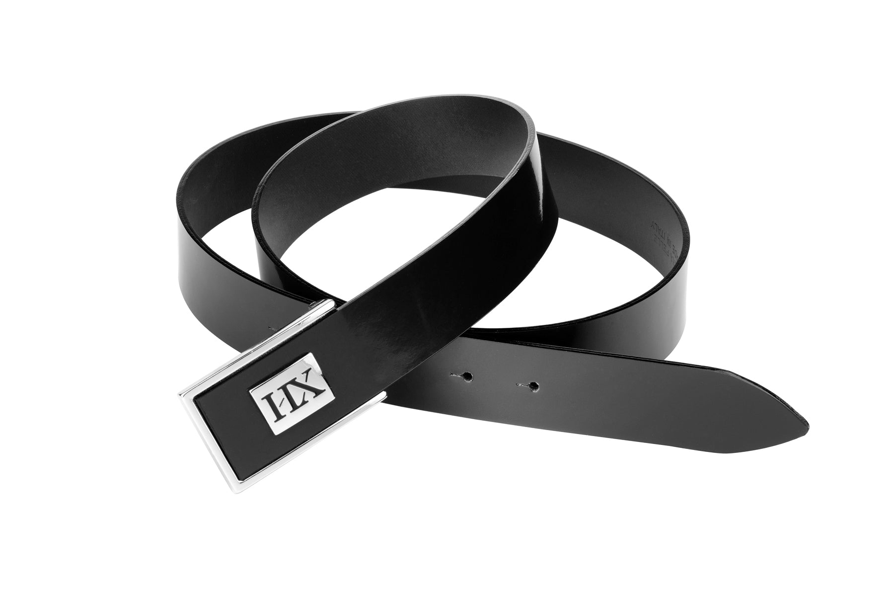 Belt with shiny black HEXIS brand buckle