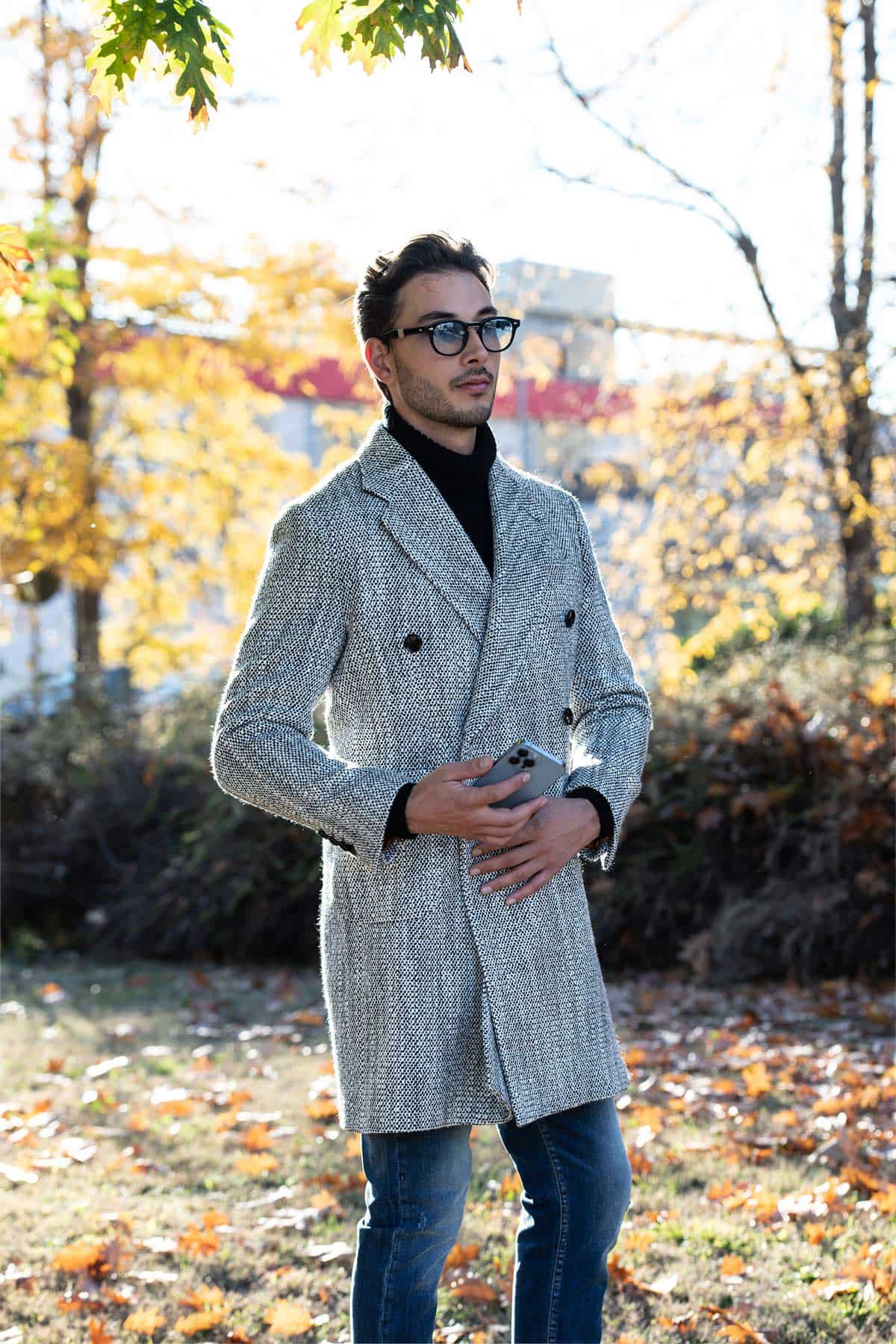 Dark Brown Checked Coat in Raw Wool 