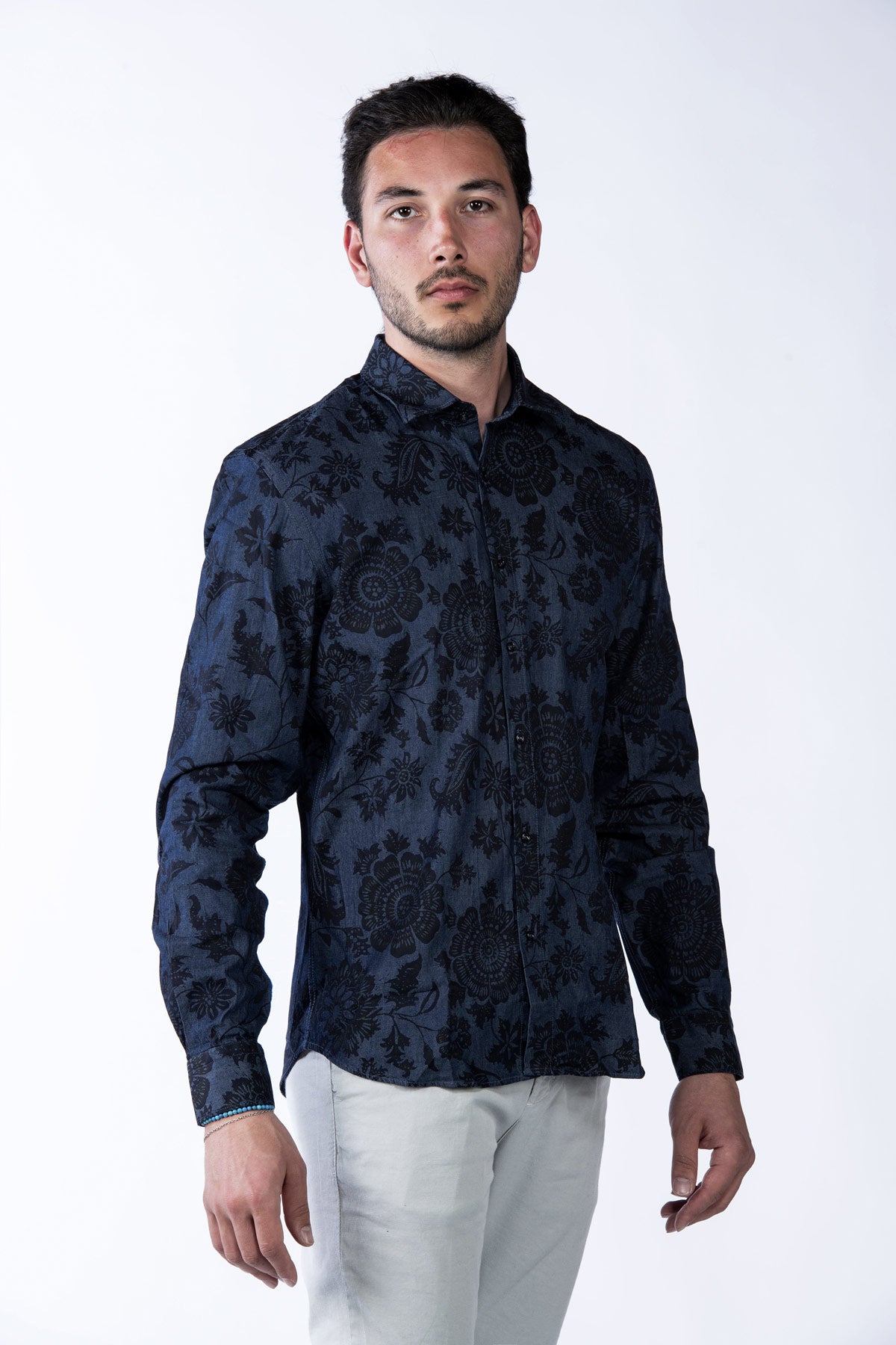 Men's flower patterned cotton shirt blue