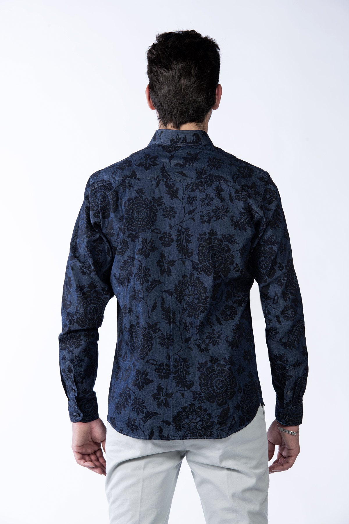 Men's flower patterned cotton shirt blue