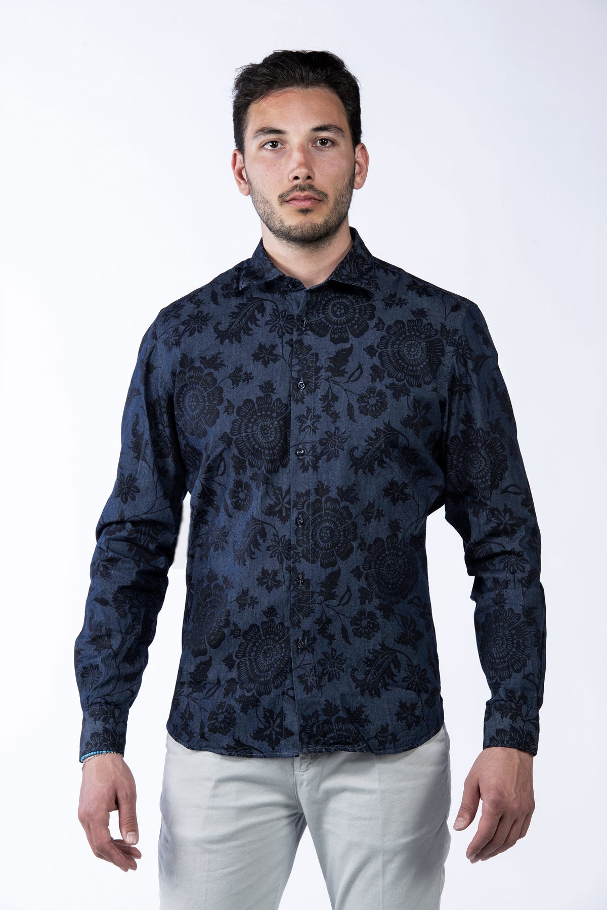 Men's flower patterned cotton shirt blue