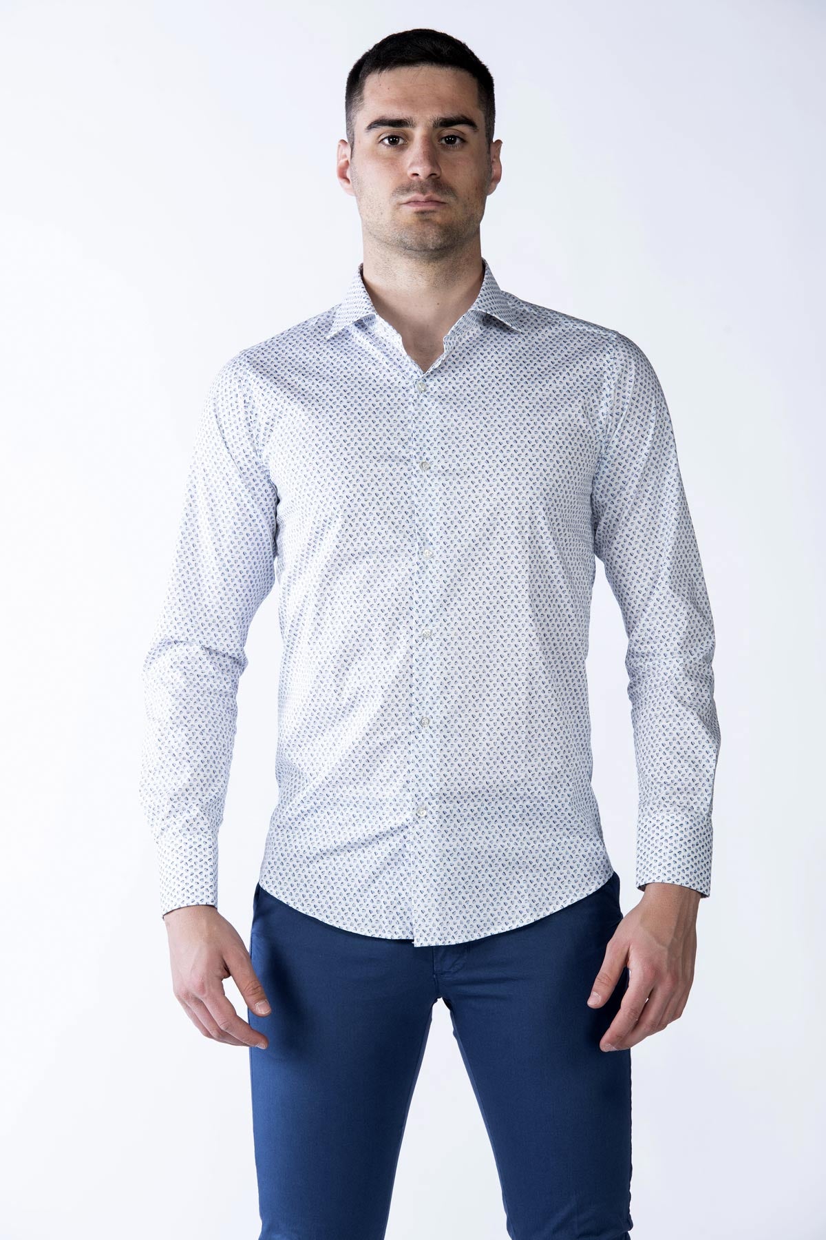 Camicia cotone uomo micro fantasia azzurra