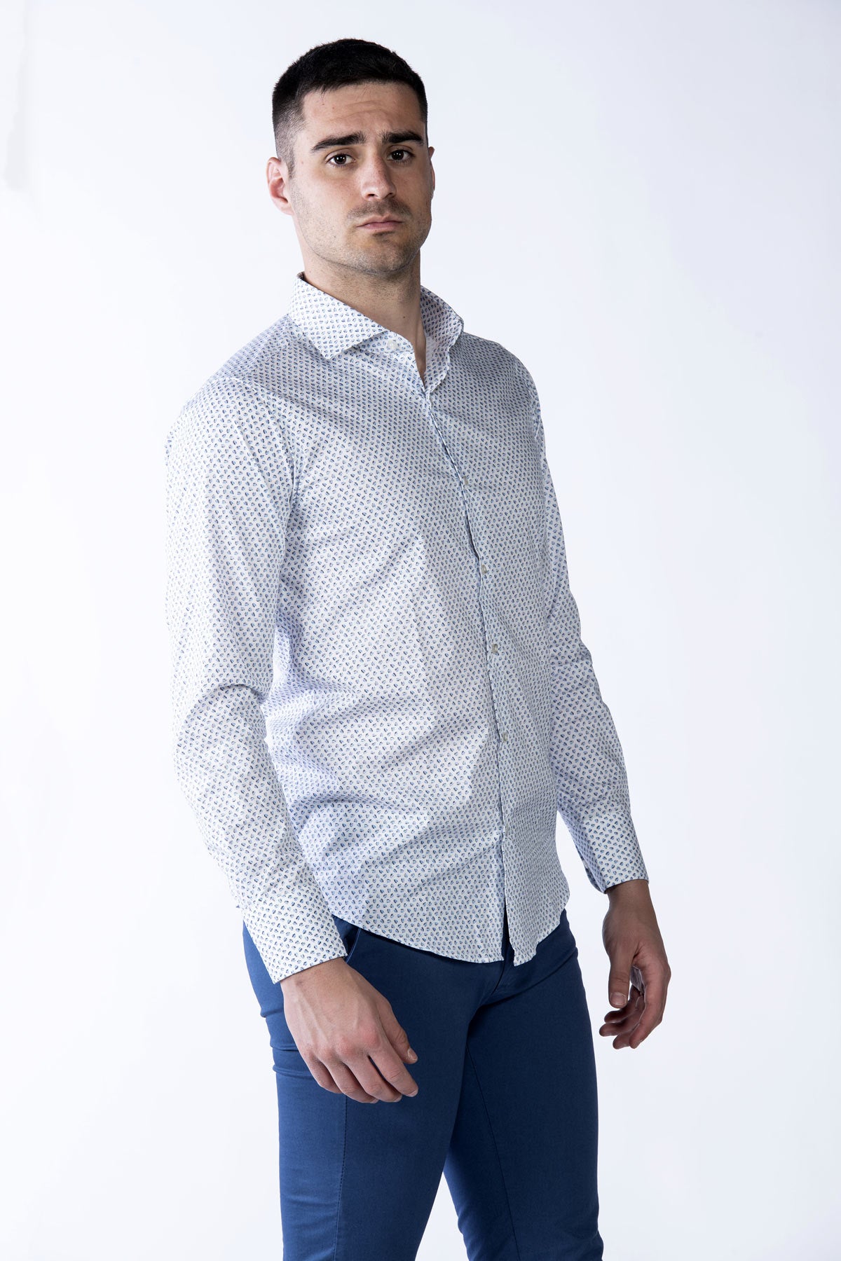 Camicia cotone uomo micro fantasia azzurra