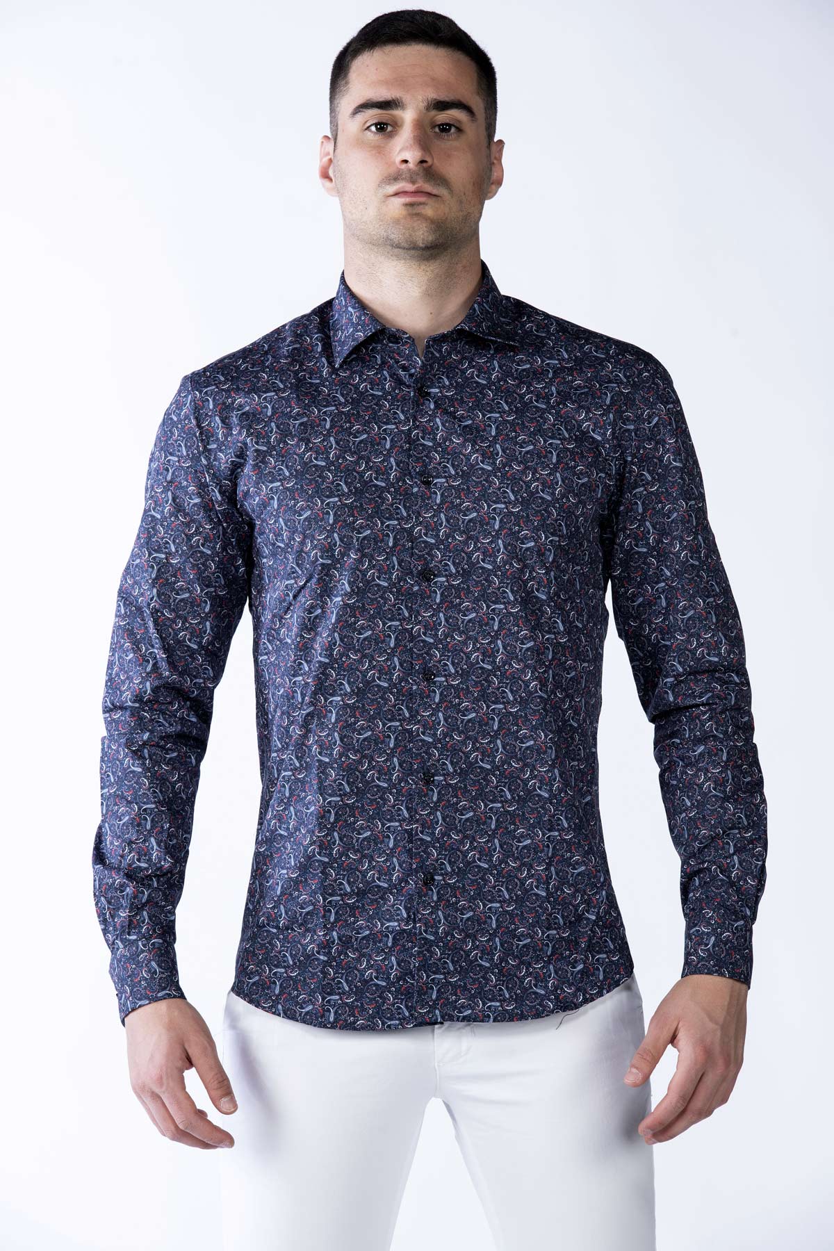 Camicia uomo casual in micro stampa fantasia cachemire blu front